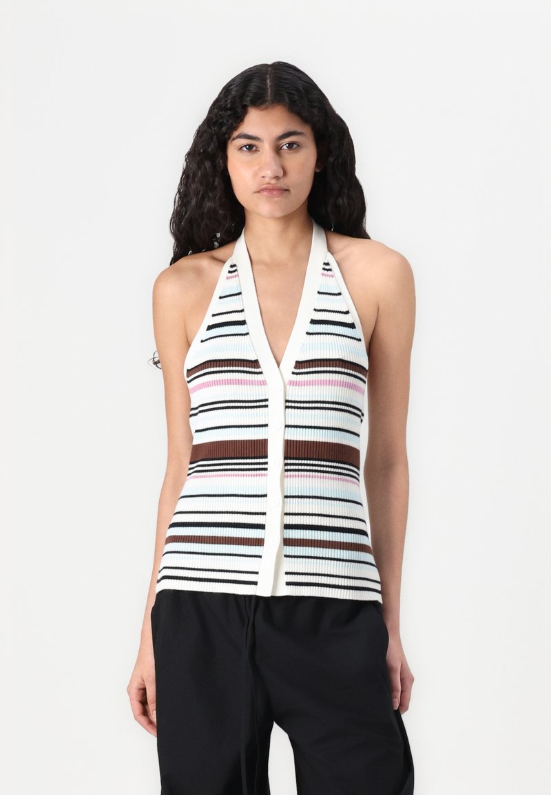 Halter-neck, sleeveless top features a ribbed texture with horizontal stripes in pastel colors, including pink, blue, and brown accents.