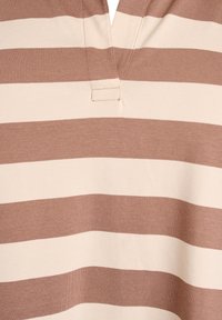 Striped top featuring alternating wide bands of light beige and soft brown, with a V-neck design and a smooth, knitted texture.