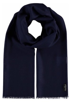 Écharpe en laine bleu marine foncé avec des bords à franges discrètes et une petite étiquette de marque noire à un bout.