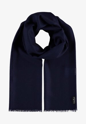 Bufanda de lana azul marino oscuro con bordes sutiles de flecos y una pequeña etiqueta negra de la marca en un extremo.