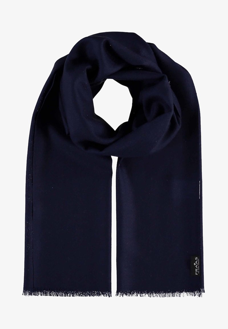 Écharpe en laine bleu marine foncé avec des bords à franges discrètes et une petite étiquette de marque noire à un bout.