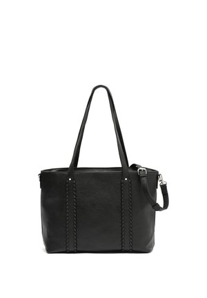 Borsa tote in pelle nera con due manici lunghi, cuciture verticali decorative e una tracolla laterale regolabile con fibbia in argento.