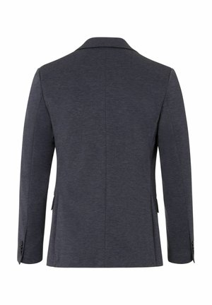 Dark grey blazer with a smooth texture, single vent at the back, and two side pockets. Features a classic lapel collar and buttoned cuff accents.