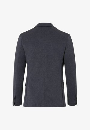 Dunkelgrauer Blazer mit glatter Textur, einem Schlitzausschnitt auf der Rückseite und zwei Seitentaschen. Er bietet einen klassischen Reverskragen und eine Knopfmanschette.