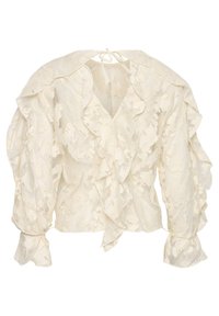 Čipkasta bluzka v off-white barvi z nabranimi rokavi in zavezovanjem na hrbtni strani. Po celotni površini so teksturirani cvetlični vzorci.