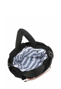 Borsa nera con manici imbottiti e fodera interna a righe bianche e blu, dotata di una tasca con cerniera e anelli metallici per gli attacchi.