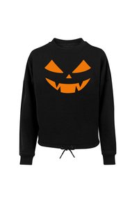 Čierna mikina s okrúhlym výstrihom a lemom na šnúrku, s grafikou oranžovej tekvice s ostrými očami a zubatým úsmevom.
