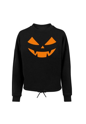 Black sweatshirt with a round neckline and drawstring hem, featuring an orange pumpkin face graphic with sharp eyes and a jagged grin.