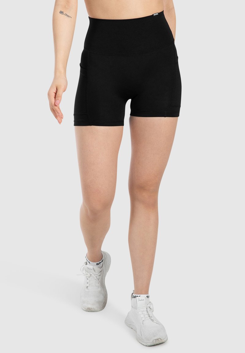 Hoge taille zwarte sportshorts van rekbaar materiaal, met zijzakken, een gladde tailleband en een aangesloten ontwerp.