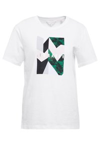 Camiseta de algodón blanca con un diseño geométrico en verde, gris y negro, con "TED BAKER" impreso en plata en la parte delantera.