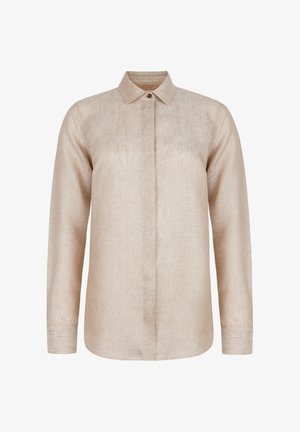 Beige linned skjorte med lange ærmer, spids krave, knaplukning foran og en let buet kant. Har en struktureret stoffinish.