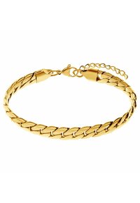 Gouden kettingarmband met schakels die in elkaar haken, een karabijnsluiting en een verstelbare ketting voor maatverstelling.