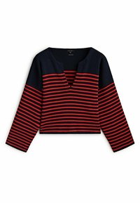 Knitted sweater with a deep V-neck, featuring navy and red horizontal stripes, long sleeves, and a cropped cut. Textured fabric evident.