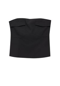 Haut sans bretelles noir avec deux poches poitrine, fabriqué à partir d'un tissu lisse. Il présente une coupe ajustée et une forme structurée.
