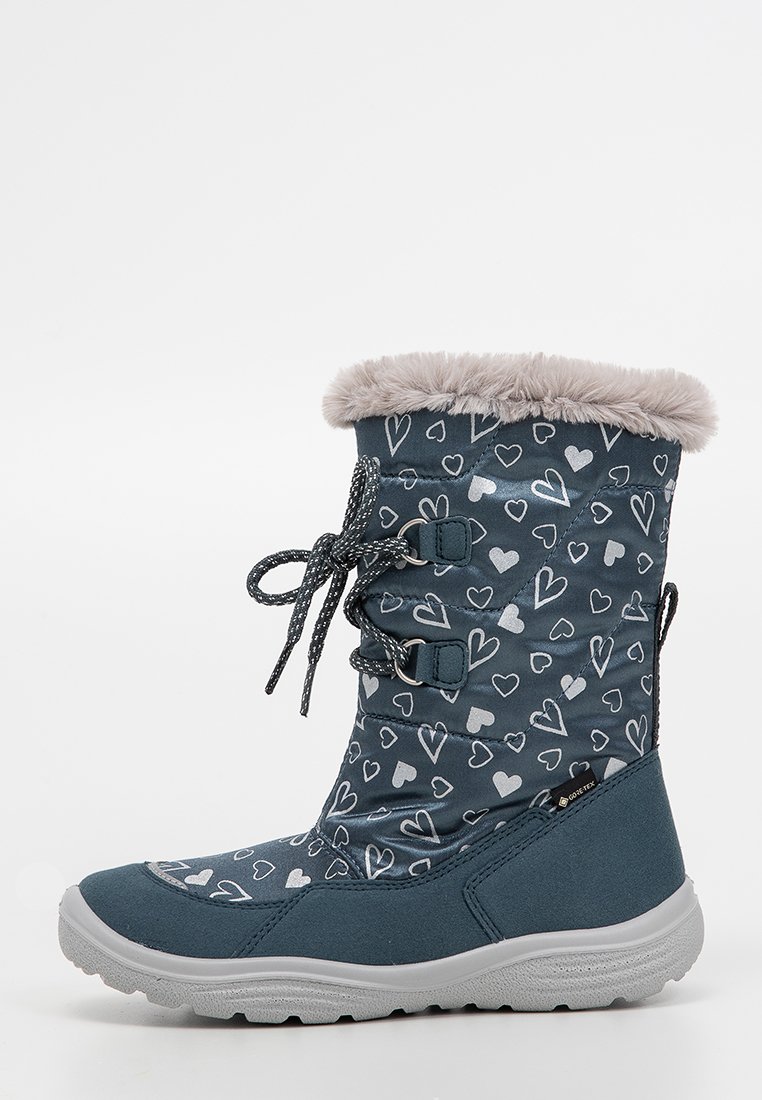 Botte imperméable bleu foncé avec des motifs de cœurs, doublure en fourrure grise douce, design à lacets et semelle grise rugueuse pour l'adhérence.