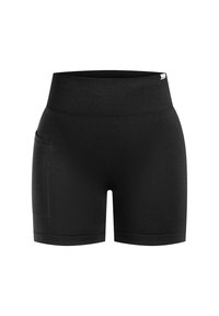 Shorts de sport noirs taille haute avec une large ceinture côtelée et une poche sur la cuisse gauche, présentés sur un fond blanc.
