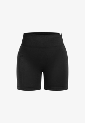 Shorts de sport noirs taille haute avec une large ceinture côtelée et une poche sur la cuisse gauche, présentés sur un fond blanc.