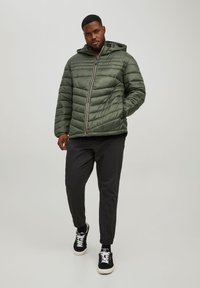 Chaqueta acolchada verde con textura acolchada, cierre de cremallera y capucha. Combinada con pantalones negros ajustados y zapatillas negras. Diseño simple, sin patrones.