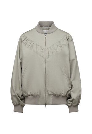 Hellgraue Bomberjacke mit geripptem Kragen, Bündchen und Saum, Reißverschluss vorne, schrägem Rüschendetail über der Brust und seitlichen Taschen.