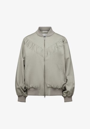 Hellgraue Bomberjacke mit geripptem Kragen, Bündchen und Saum, Reißverschluss vorne, schrägem Rüschendetail über der Brust und seitlichen Taschen.