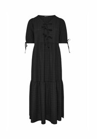 Vestido maxi negro con un diseño en capas, mangas cortas y un escote con cordones. Fabricado con un tejido texturizado y lazos en las mangas.