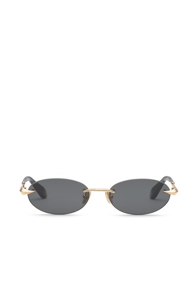 Oval dark gray sunglasses with gold bridge and hinges, black earpieces, set against white background.