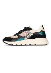 Sneaker multicolori con camoscio nero, rete beige, accenti teal e dettagli con stampa leopardata. Suola in gomma con battistrada testurizzato.