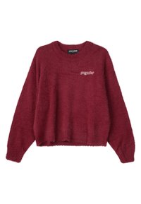 Sweater bordô feito de tecido felpudo, com decote redondo e mangas longas. Apresenta um pequeno logótipo "pegador" branco na frente.