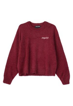Burgundska pulover iz puhastega materiala, z okroglim izrezom in dolgimi rokavi. Na sprednji strani je majhen bel logo "pegador".