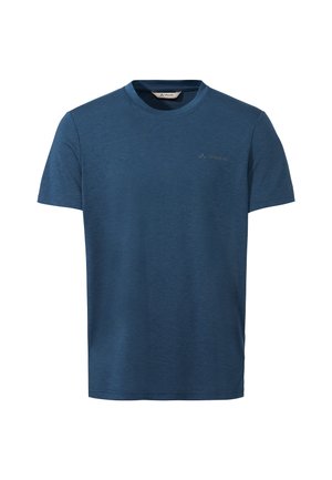 Men's short-sleeve blue crew neck t-shirt with subtle Vaude logo on chest and sleeve, plain design.