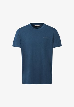 Heren T-shirt met korte mouwen in blauw, ronde hals, met subtiel Vaude-logo op de borst en mouw, eenvoudig ontwerp.