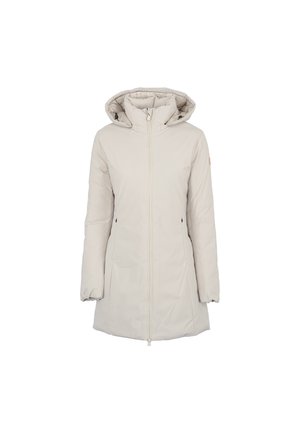 Giacca a piumino di lunghezza ginocchio, di colore beige chiaro, con cappuccio, maniche lunghe, zip frontale e tasche laterali. Tessuto liscio e isolato con foderatura trapuntata.