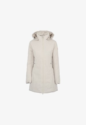 Manteau matelassé beige clair, longueur genoux, avec capuche, manches longues, fermeture éclair frontale et poches latérales. Tissu lisse et isolé avec doublure matelassée.