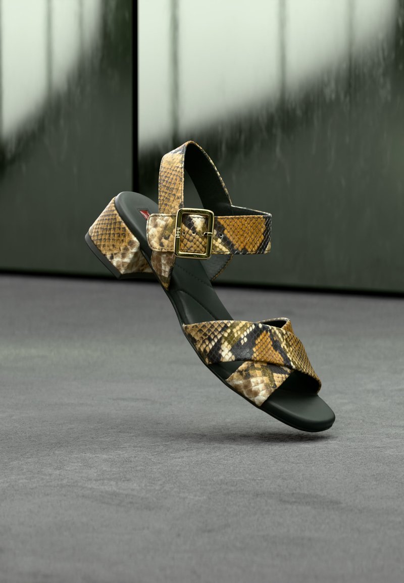 Γυναικείο σανδάλι με χαμηλό τακούνι τύπου block, λουράκια με σχέδιο φιδιού και χρυσή αγκράφα, σε γκρι χαλί και θολό φόντο.