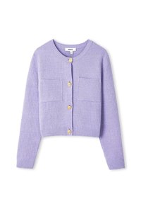 Lila croppter Cardigan mit strukturiertem Strick, Rundhalsausschnitt, zwei vorderen Taschen und goldfarbenen Knöpfen.