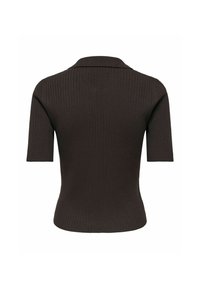 Haut marron en maille côtelée à manches courtes avec col plié, vu de dos.