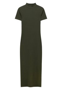 Olivengrünes, kurzärmeliges Kleid mit hochgeschlossenem Kragen, aus einem glatten, elastischen Material. Es hat eine figurbetonte Silhouette und eine Midi-Länge.