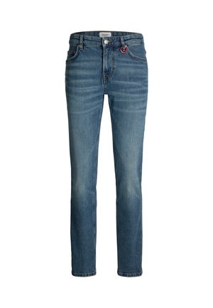Jeans in denim blue con taglio dritto, caratterizzati da un classico design a cinque tasche, leggermente sbiaditi e con un'etichetta di marca sulla vita.