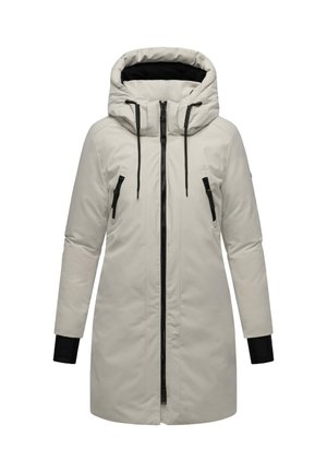 Jasnoszara, ocieplana parka z kapturem, czarnym zamkiem błyskawicznym i kieszeniami bocznymi. Posiada czarne mankiety oraz gładką, wodoodporną teksturę.