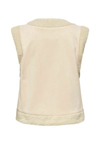 Fleeceväst i beige med en mjuk imitationspälskrage och nederkant. Har ärmlös design och ett slätt material med en mysig textur.
