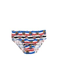 Speedo da nuoto per ragazzi in bianco, rosso e blu con un motivo a righe e volti di cani dei cartoni animati. Realizzati in tessuto morbido con elastico in vita.