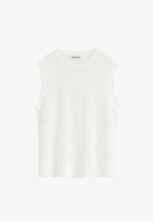 Haut en tricot sans manches blanc avec un motif en maille texturé et ouvert, un col rond côtelé et un ourlet droit. Tissu léger.
