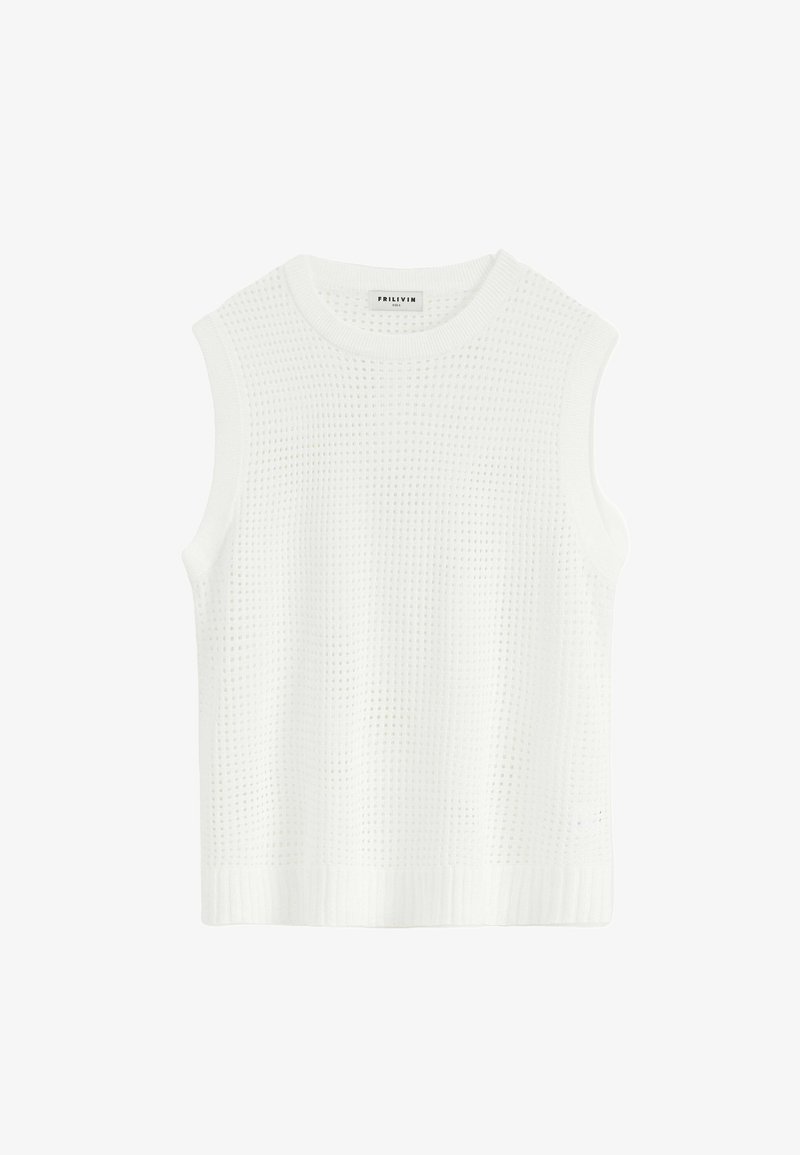 Haut en tricot sans manches blanc avec un motif en maille texturé et ouvert, un col rond côtelé et un ourlet droit. Tissu léger.