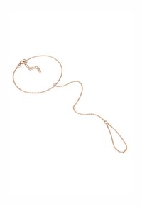Collier en chaîne en or rose avec un design délicat, comportant des maillons circulaires et un fermoir ajustable, rehaussé d'un petit détail en pierre précieuse.