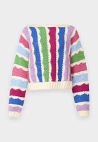Häkelpullover mit wellenförmigen Streifen in Pink, Blau, Grün, Lavendel und Creme. Kurzes Design mit geripptem Ausschnitt und Bündchen.