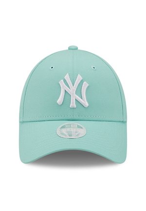 Light teal baseball cap with white embroidered interlocking "NY" logo on front and a curved brim.