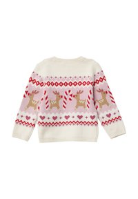 Witte gebreide trui met feestelijke patronen van rendieren, zuurstokken en harten in tinten roze en rood, met een ronde hals en lange mouwen.
