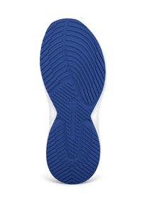 Die Schuhsohle verfügt über eine blaue Gummibasis mit einem strukturierten Profil, umgeben von einer weißen Zwischensohle, die für Grip und Langlebigkeit ausgelegt ist.