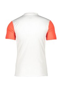 Poloshirt mit kurzen Ärmeln, weißer Körper mit orangen Ärmeln, aus glattem Stoff gefertigt. Hat eine gerippte Textur und ein klassisches Kragen Design.