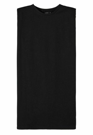 Black cotton T-shirt featuring a crew neckline and short sleeves, with a smooth texture and a plain design. Label visible inside neckline.